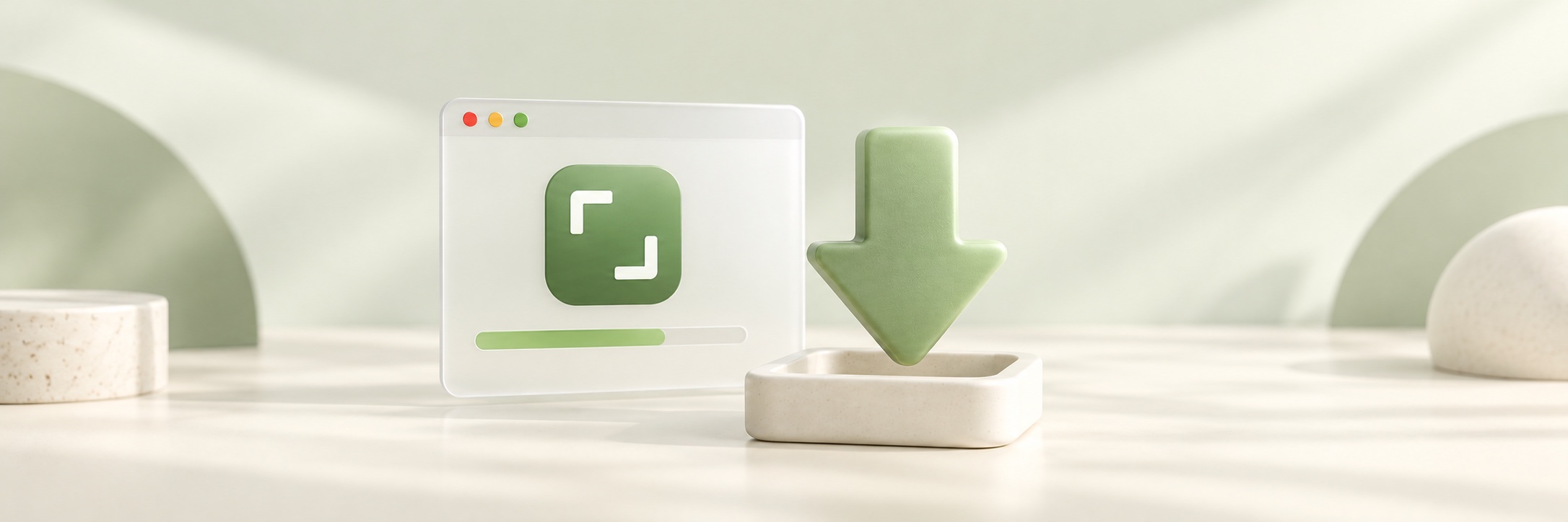 A frosted software window with a sage download arrow and ivory tray