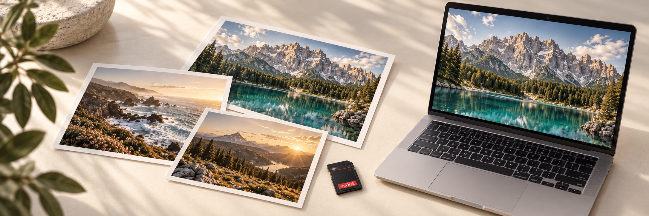 Landscape photo prints and a SanDisk SD card beside a silver MacBook